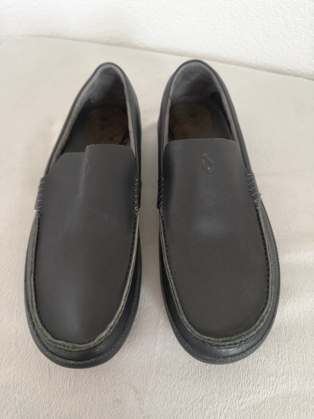 OluKai Men's Black Slip-On Leather Loafers